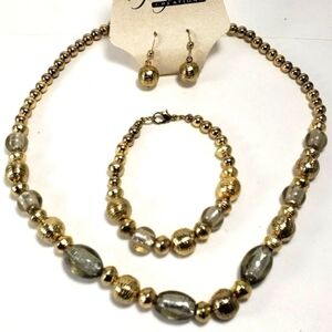 Women's Stylish Polished Gold tone Beaded Necklace, Bracelet & Earrings - Set
